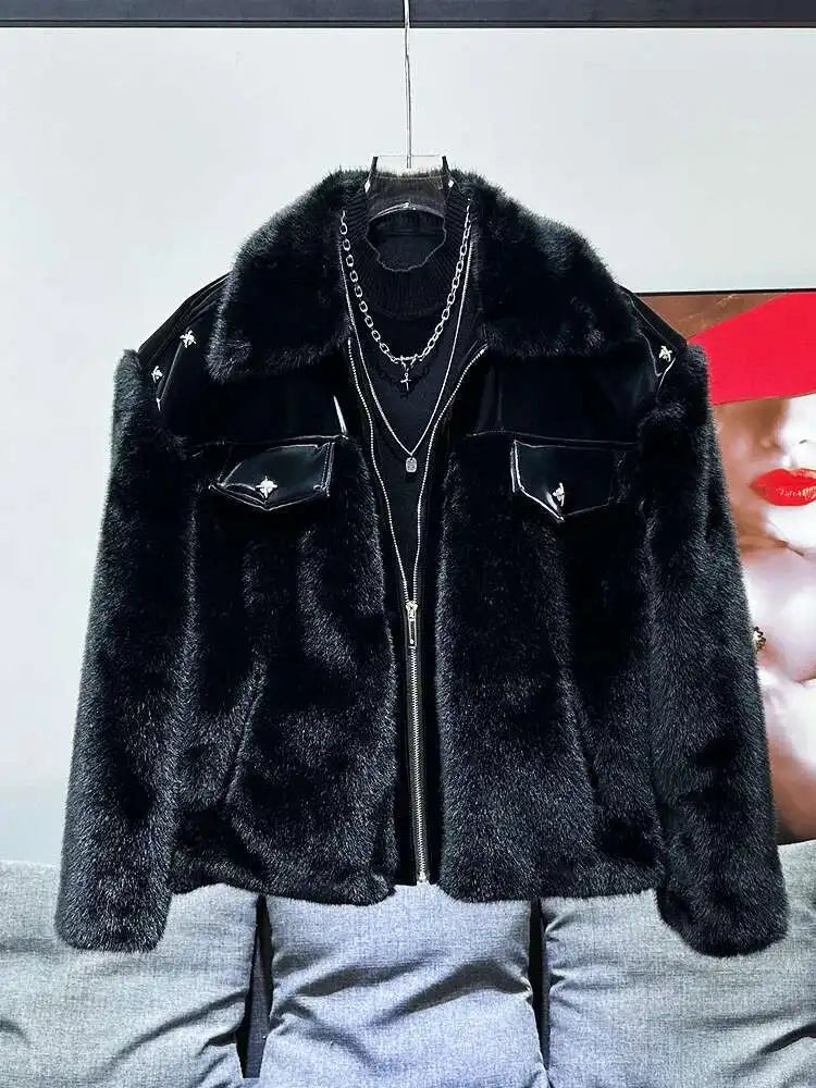 PFHQ Fashionable Patchwork Men's Parka Jacket Cotton Faux Mink Fur Thickened Autumn Winter 2024 Solid Color Warm Tops 21Z7717