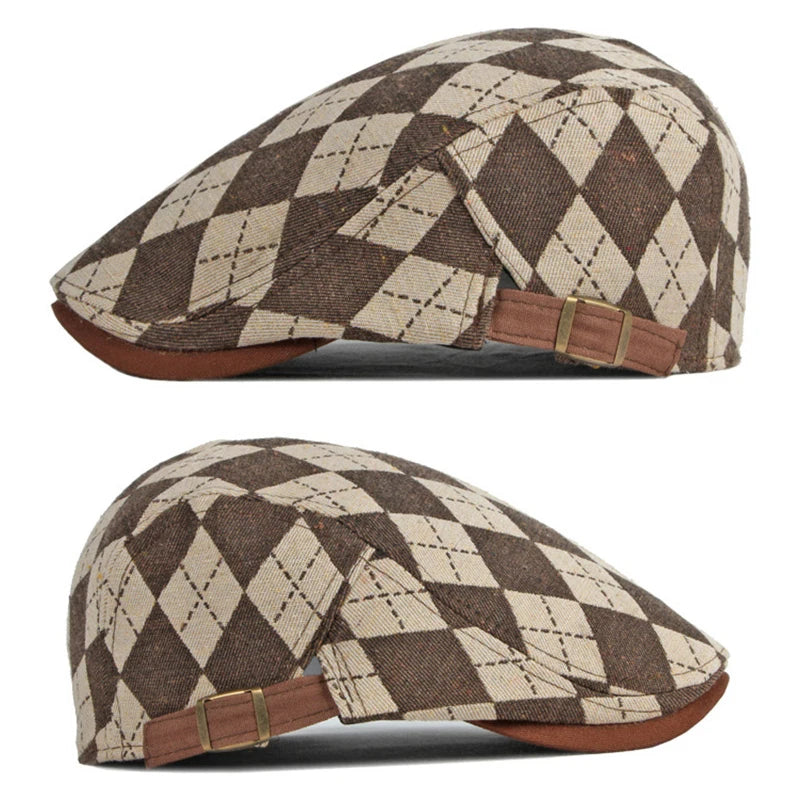 Spring Fall Men's Beret Hat Retro Plaid Herringbone Cap Forward Flat Peaked Cap Women Dailywear Sunshade Cabbie Driving Hat