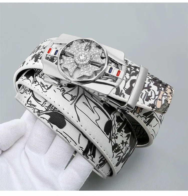 Men's Fashionable Automatic Belt with Rotating Buckle，Graffiti printPUBelt，Luxurious casual belt suitable for jeans and trousers