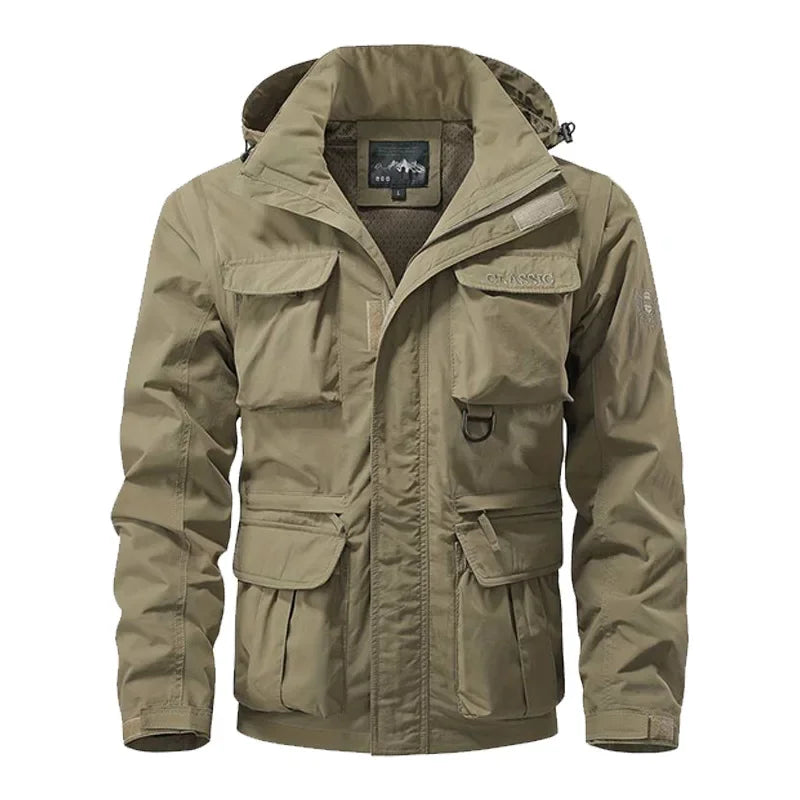 Men Outdoors Hooded Multiple Pockets Hiking Jackets New Spring Autumn Male Traveling Windproof Waterproof Jackets Quality Coats