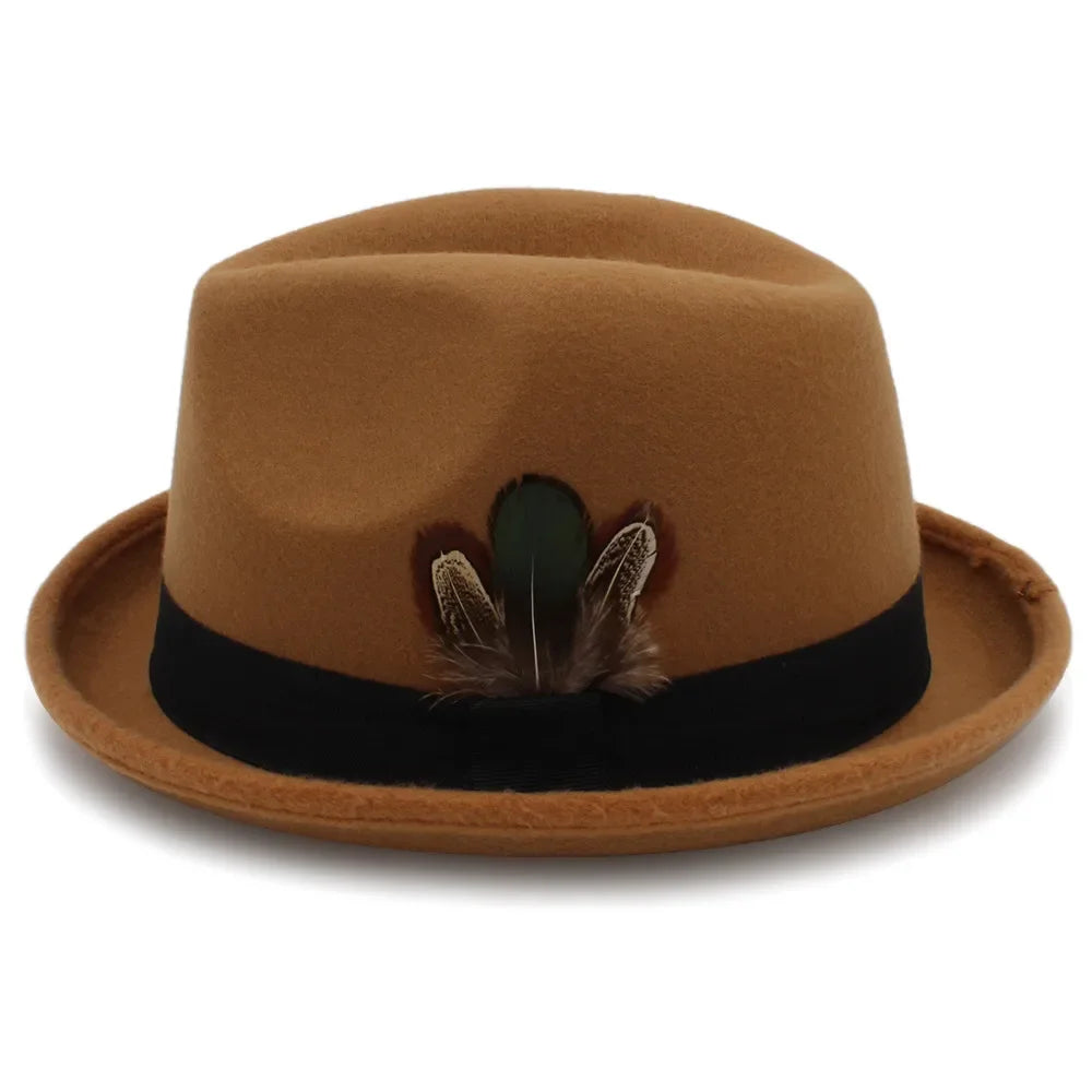 Men Wool Fedora Hats for Dad Dad Roll Up Brim Feather Decorative Church Hat Male Jazz Cap Panama Hat