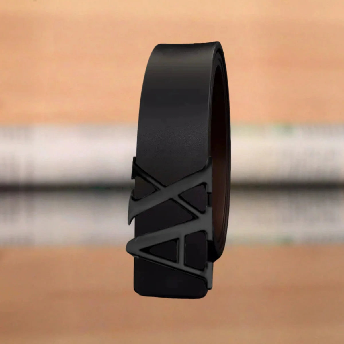 Men's  Belt with Silver A - Shape Automatic Buckle, Slim Business Casual Waist Strap for Dress Pants, Black
