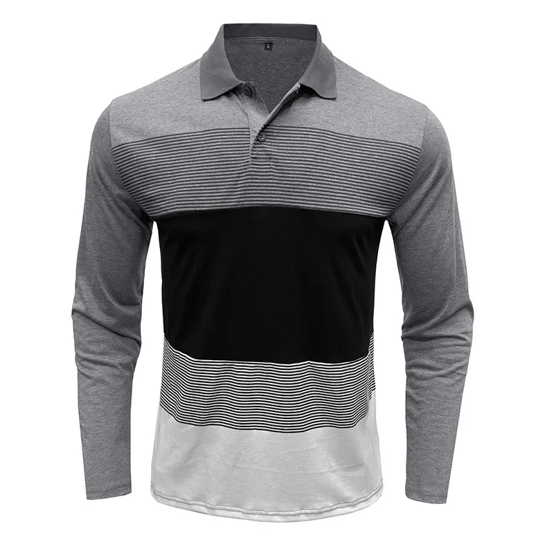 Men's Long Sleeve Polo Shirt Color Block Stripe Design Casual Slim Fit Pullover Breathable Knit Top for Daily Wear & Layering