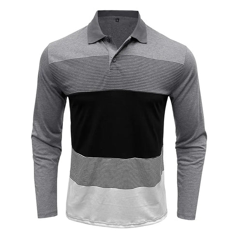 Men's Long Sleeve Polo Shirt Color Block Stripe Design Casual Slim Fit Pullover Breathable Knit Top for Daily Wear & Layering