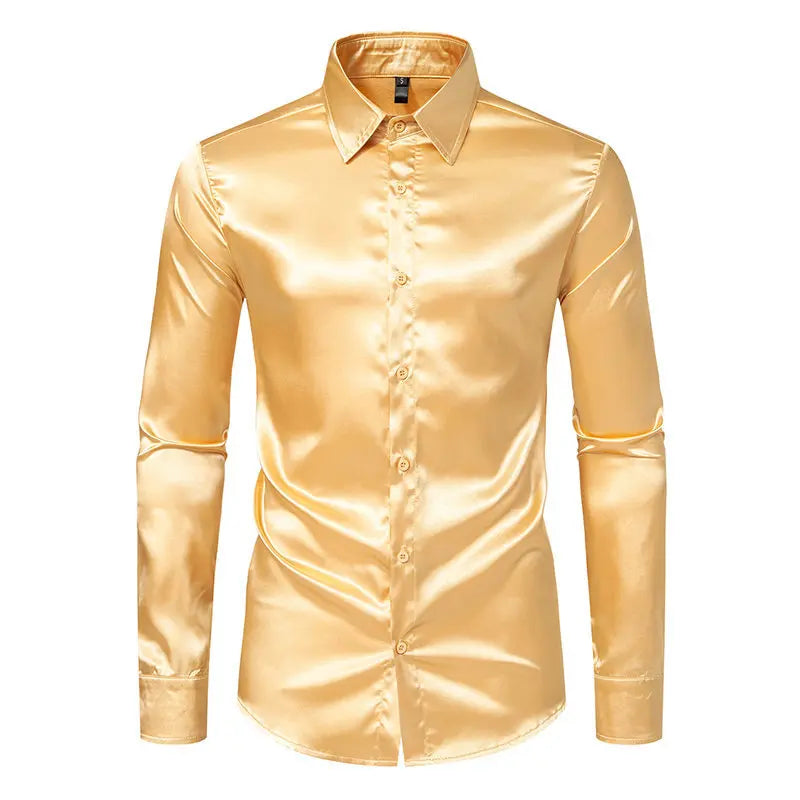 Bright face shirt, men's long sleeved autumn and winter men's clothing, satin nightclub style, solid color trend, men's trend