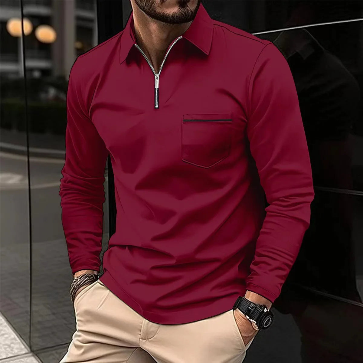Men Long Sleeve Polo Shirt With Zipper Pocket Lapel Solid Color Casual Sports Tops Spring Autumn European American Male Clothing