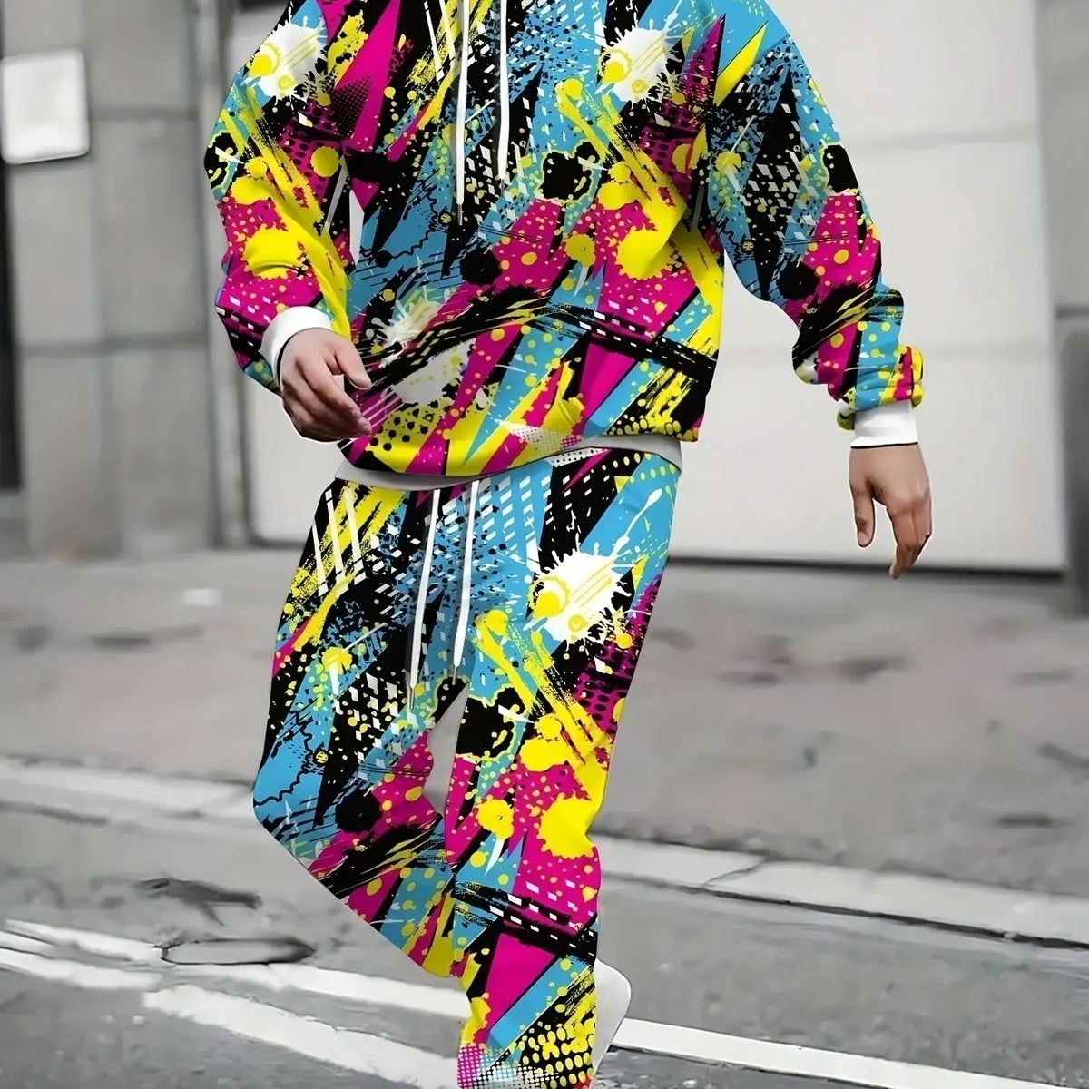 Men's 2025 Hoodie Jogger Set, Graffiti printing Polyester Relaxed Fit Tracksuit Cool Streetwear Spring Autumn Casual Loungewear