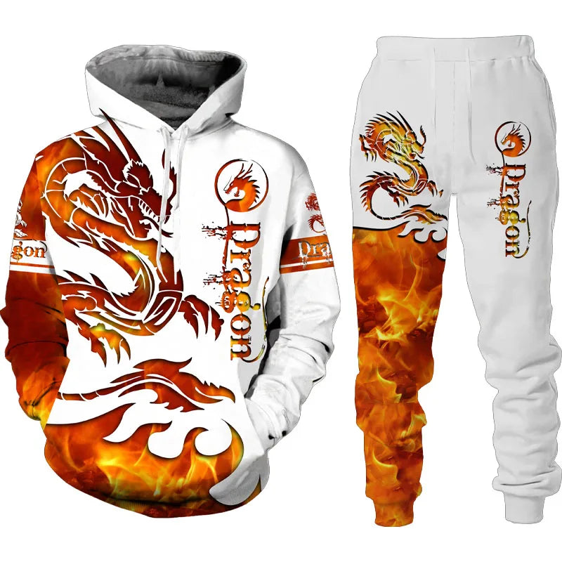 Popular Dragon 3D Printed Men's Sweatshirt Hoodies Set Animal Tracksuit Pullover Jacket Pants Sportswear Autumn jogging Set﻿﻿