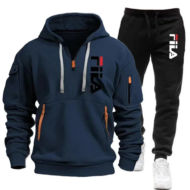 2026 Autumn and winter new men's multi pocket zipper hooded sports shirt+pants two-piece set, men's casual pullover sports set