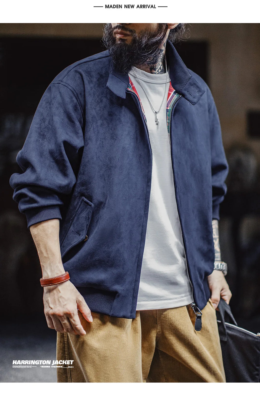 Maden Vintage Men's Suede Jackets Zippered Stand Collar Windbreaker with Tartan Lining Warm Coat for Autumn Winter Streetwear