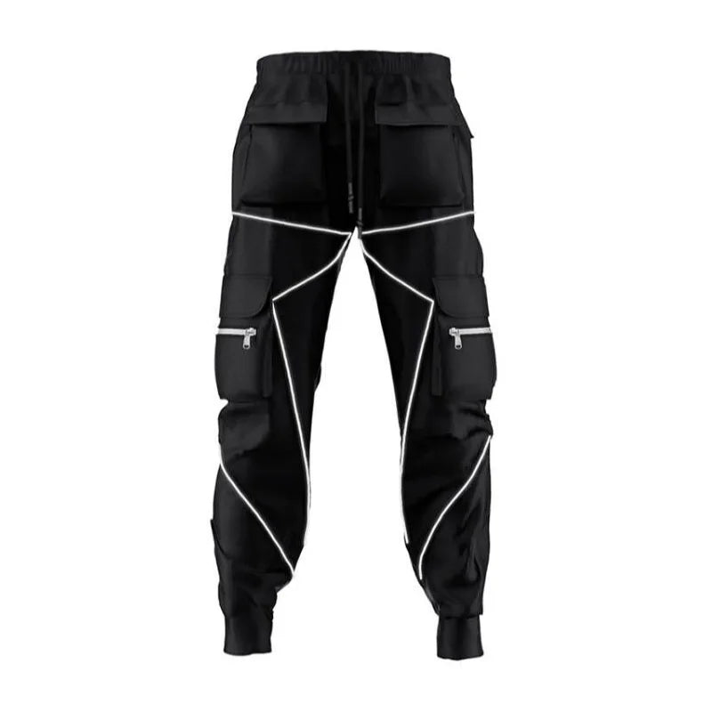 Men's Gym Joggers Stretch Casual Sweatpants Fitness Track Pants Multi-Pocket Cargo Hip Hop Streetwear Reflective Sports Trousers