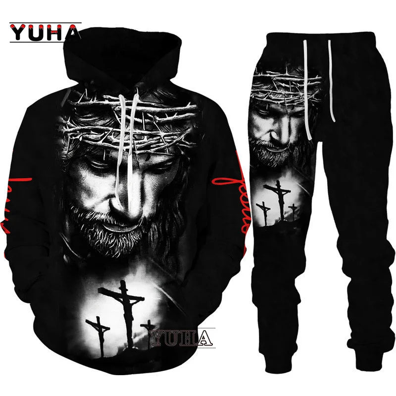 Two Piece Set Christian Bible Faith Jesus God Men's Hoodie/Suit Cool 3D Lion Printed Streetwear Couple Clothes Jogging Tracksuit