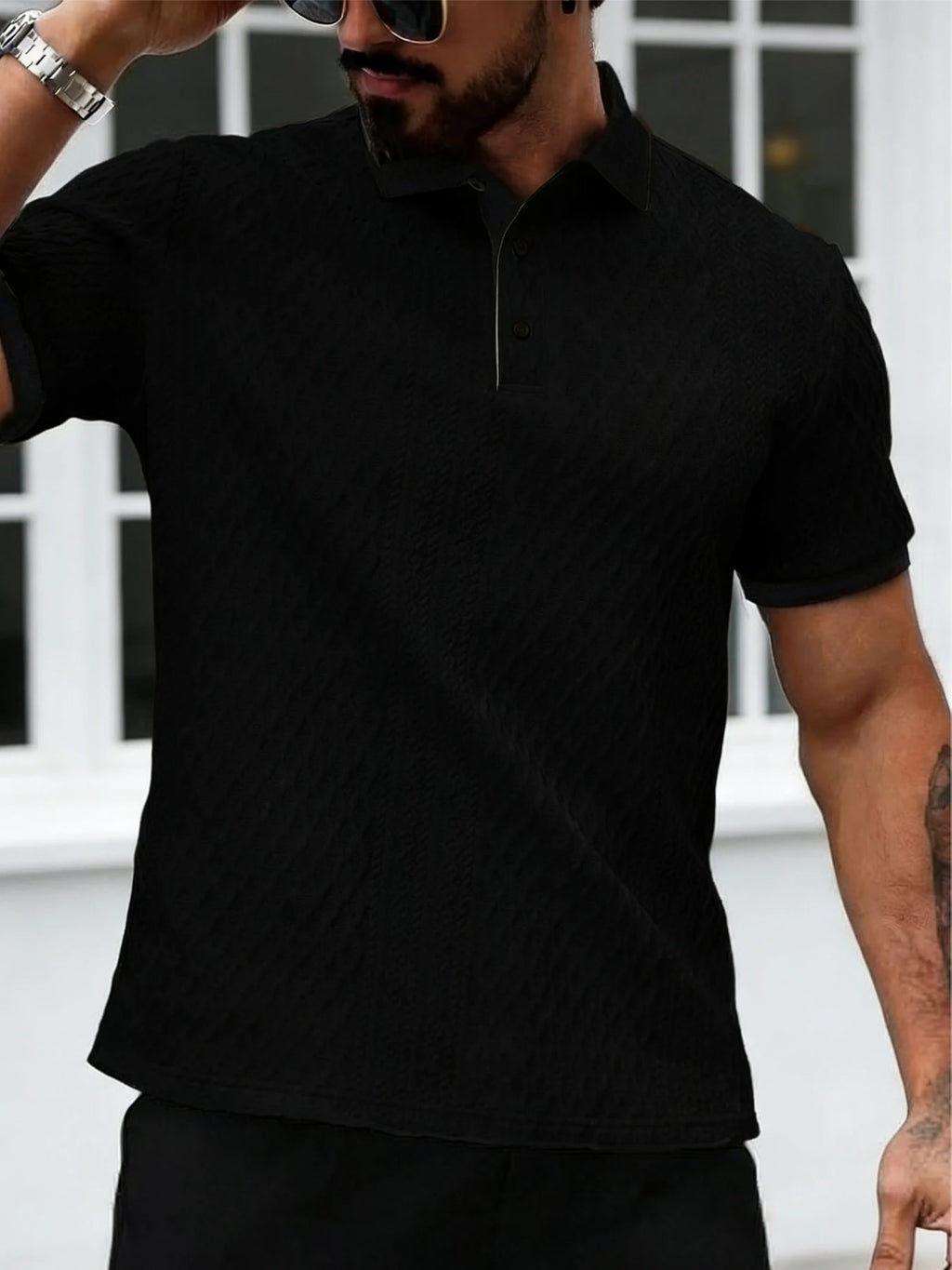 Men's Casual Polo Shirt — Knitted with Slight Stretch | Italian-Inspired Openwork Print Design | Simple Solid Color | Soft & Com