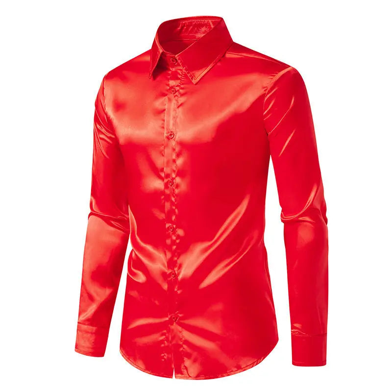 Bright face shirt, men's long sleeved autumn and winter men's clothing, satin nightclub style, solid color trend, men's trend