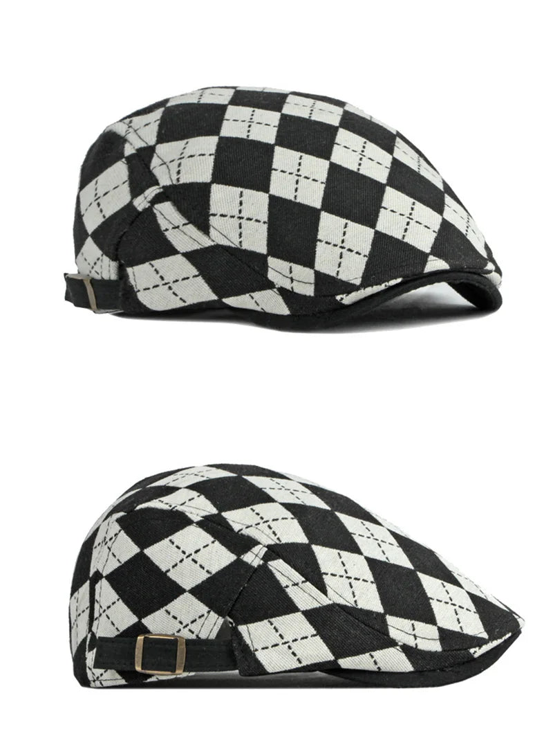 Spring Fall Men's Beret Hat Retro Plaid Herringbone Cap Forward Flat Peaked Cap Women Dailywear Sunshade Cabbie Driving Hat