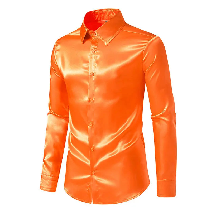 Bright face shirt, men's long sleeved autumn and winter men's clothing, satin nightclub style, solid color trend, men's trend