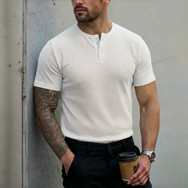 Men's Polo Shirt with Henley Collar, Short-Sleeved T-Shirt, Summer Casual Button-Down Placket Street Style Base Layer, S-3XL.