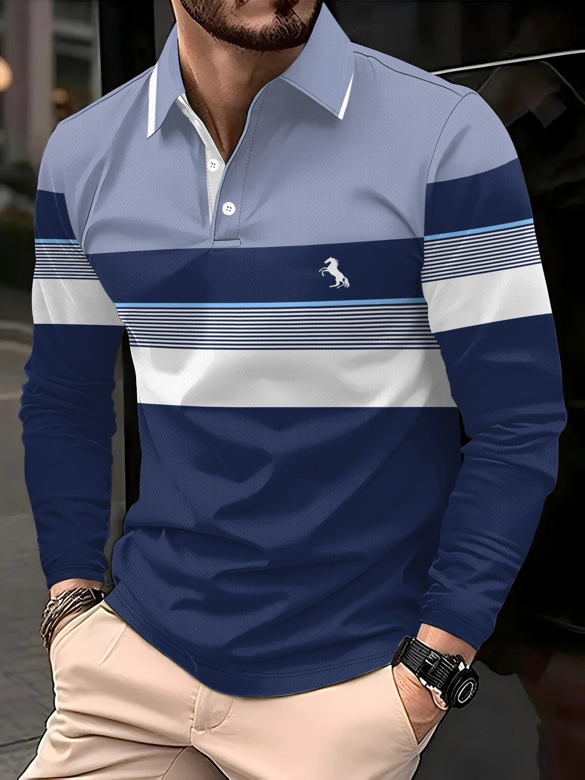 Men's Polo shirts for autumn and winter with fashionable buttons featuring daily stripe patterns long-sleeved Polo shirts