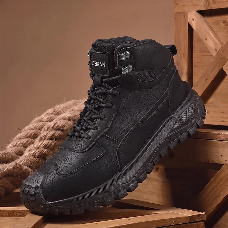 Men High Top Ankle Boots Suede Mesh Splicing Shoes Anti‑collision Toe Non‑slip Thick Sole Male Boots for Daily Walking Commute