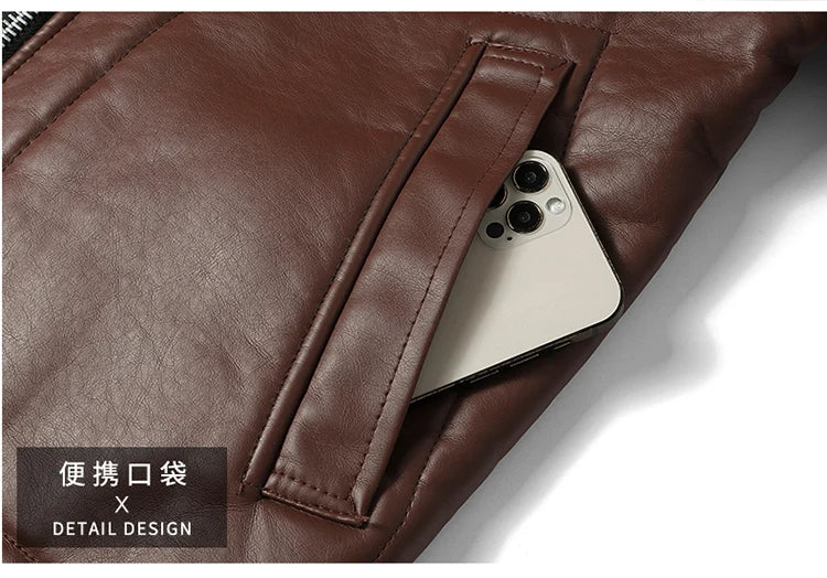 Men Autumn Oversized Leather Jacket Winter Men's Standing Collar with Plush and Thickened Business Leisure PU Washed Jacket