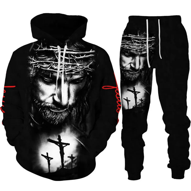 Two Piece Set Christian Bible Faith Jesus God Men's Hoodie/Suit Cool 3D Lion Printed Streetwear Couple Clothes Jogging Tracksuit