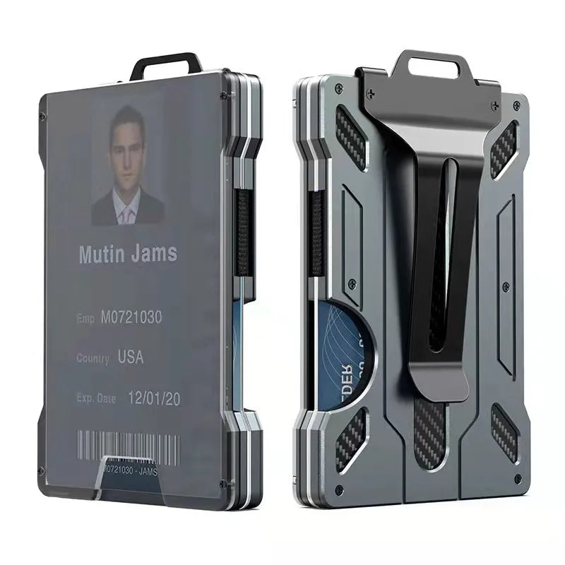 Minimalist Wallet for Men- Slim Aluminum Metal Money Clip Wallet with Clear ID Card Holder, Carbon Fiber Wallet, RFID Blocking