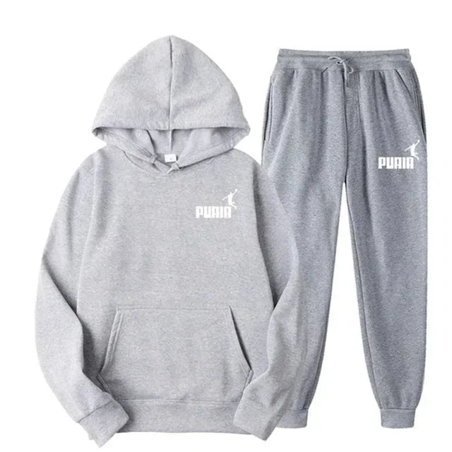 Autumn and winter new men's sportswear set, outdoor cycling windproof and warm men's hooded sweatshirt + pants 2-piece set