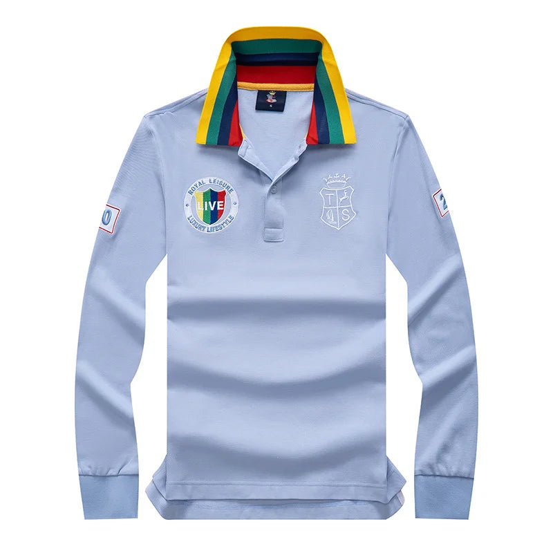 New Men's Long Polo Shirts 100% Cotton Full-Sleeved Collar Tee Shirt Dream Embroidery Casual Sports Tshirt US Size XS-7XL