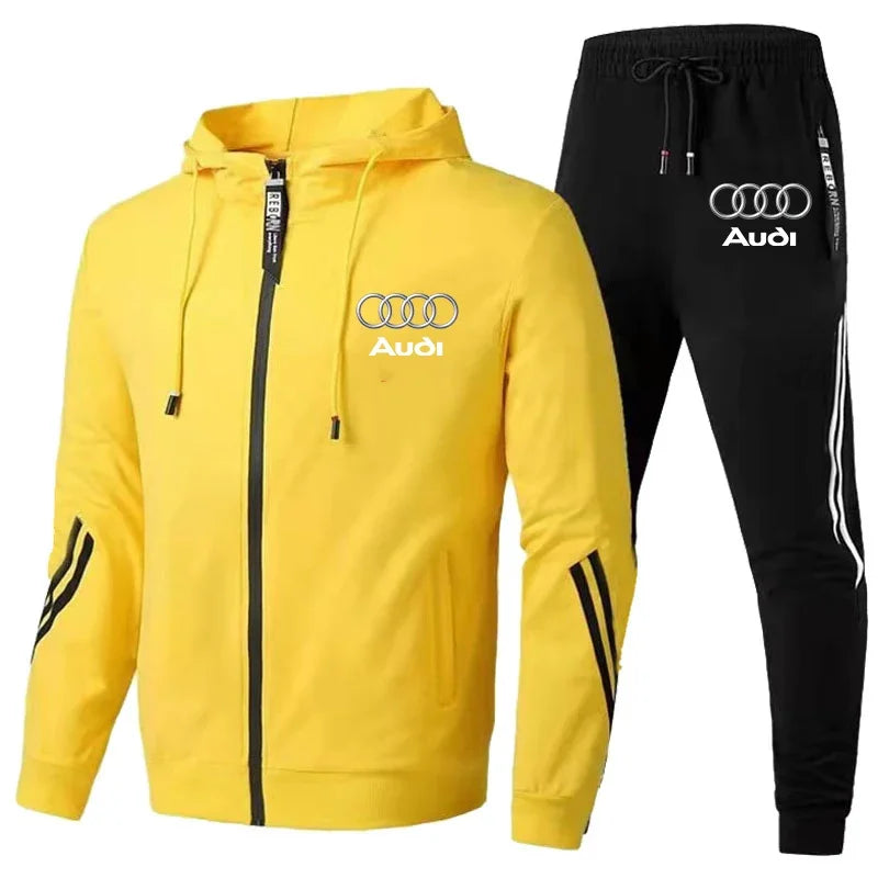 Autumn Winter Mens Audi Car Logo Print Tracksuit Men Zipper Hoodie+Pants 2 Piece Set Casual Gym Fitness Jogging Sportswear Suits