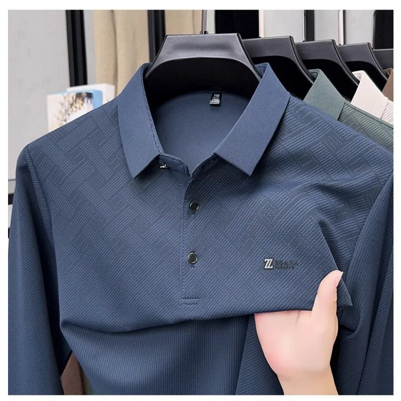 Men's Lapel Long Sleeve Polo Shirt Subtle Jacquard Print Casual Versatile Top for Middle Aged Dad Spring Autumn