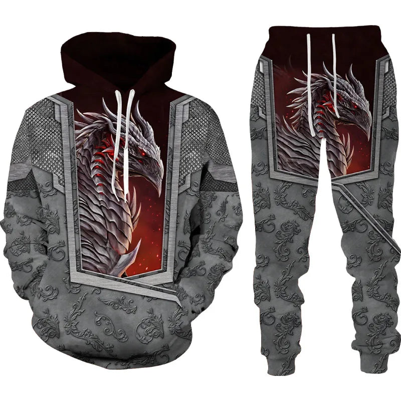 Popular Dragon 3D Printed Men's Sweatshirt Hoodies Set Animal Tracksuit Pullover Jacket Pants Sportswear Autumn jogging Set﻿﻿