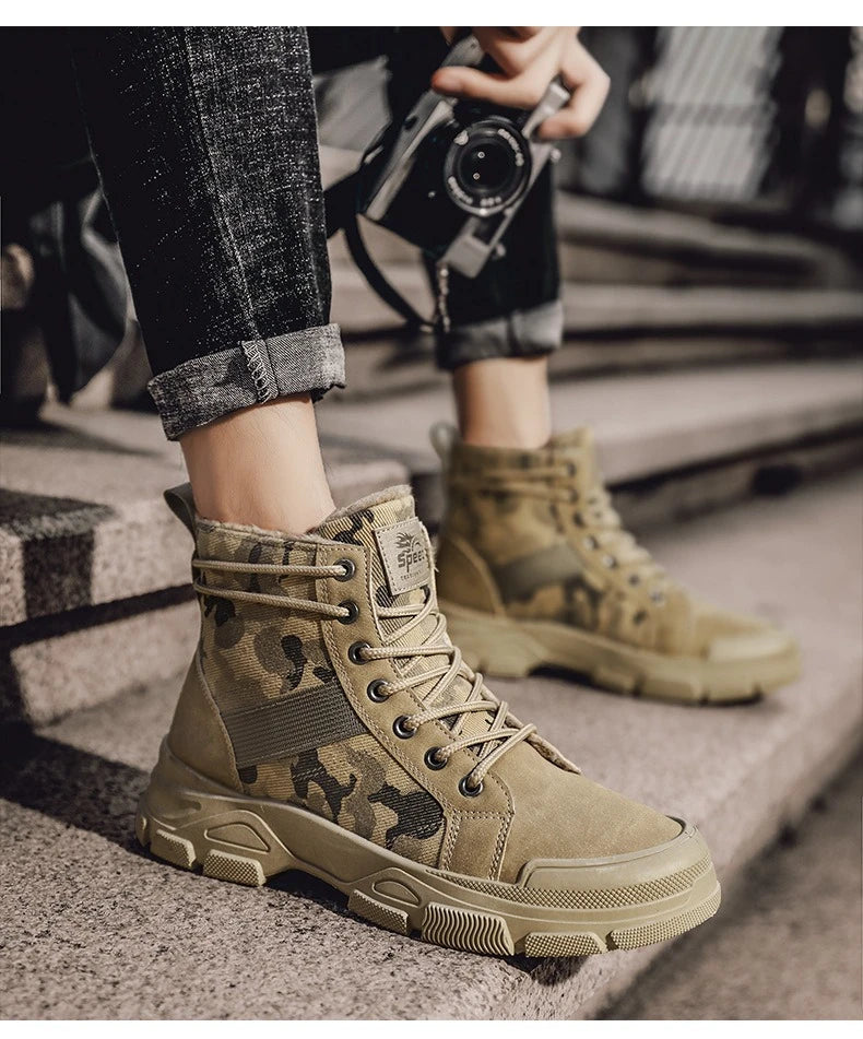 Men's Shoes Camouflage High Top Work Boots New Comfortable Sneakers Men Outdoor Hiking Shoes Men Non-Slip Lace-Up Platform Boots