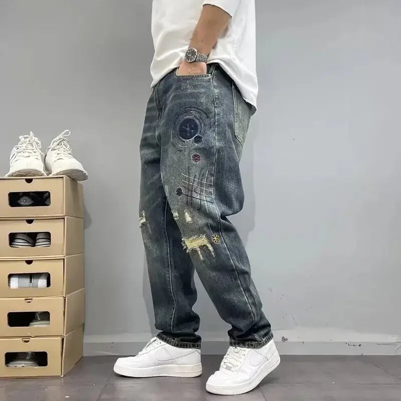 Heavy Duty Washed and Scraped Denim Jeans for Men, Stylish and Stylish, with High-end Embroidered Prints and Loose Tapered Strai
