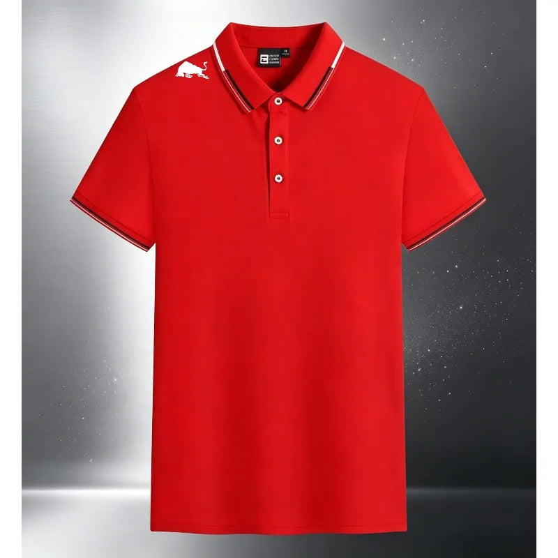 Men Black Polo Shirts Red White Striped Collar Cuff With Shoulder Bull Print Breathable Golf Tops