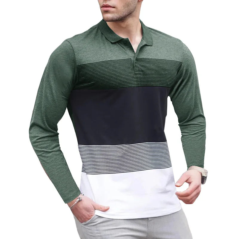 Men's Long Sleeve Polo Shirt Color Block Stripe Design Casual Slim Fit Pullover Breathable Knit Top for Daily Wear & Layering