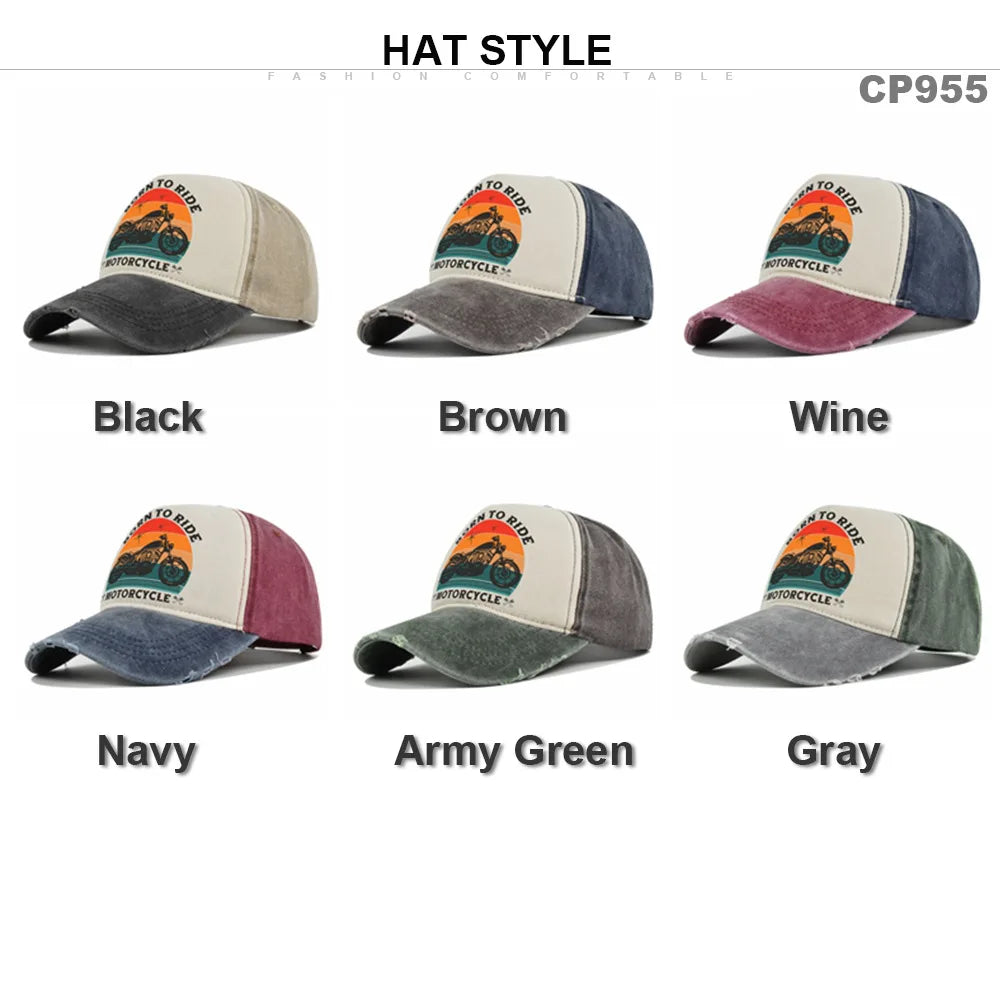 Men Hats Motorcycle Baseball Caps for Men Women Retro Printed Caps Cotton Sponge Truck Caps Men's Washed Old Sun Hat Casquette