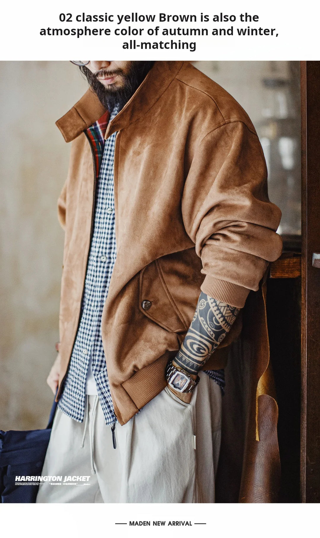 Maden Vintage Men's Suede Jackets Zippered Stand Collar Windbreaker with Tartan Lining Warm Coat for Autumn Winter Streetwear
