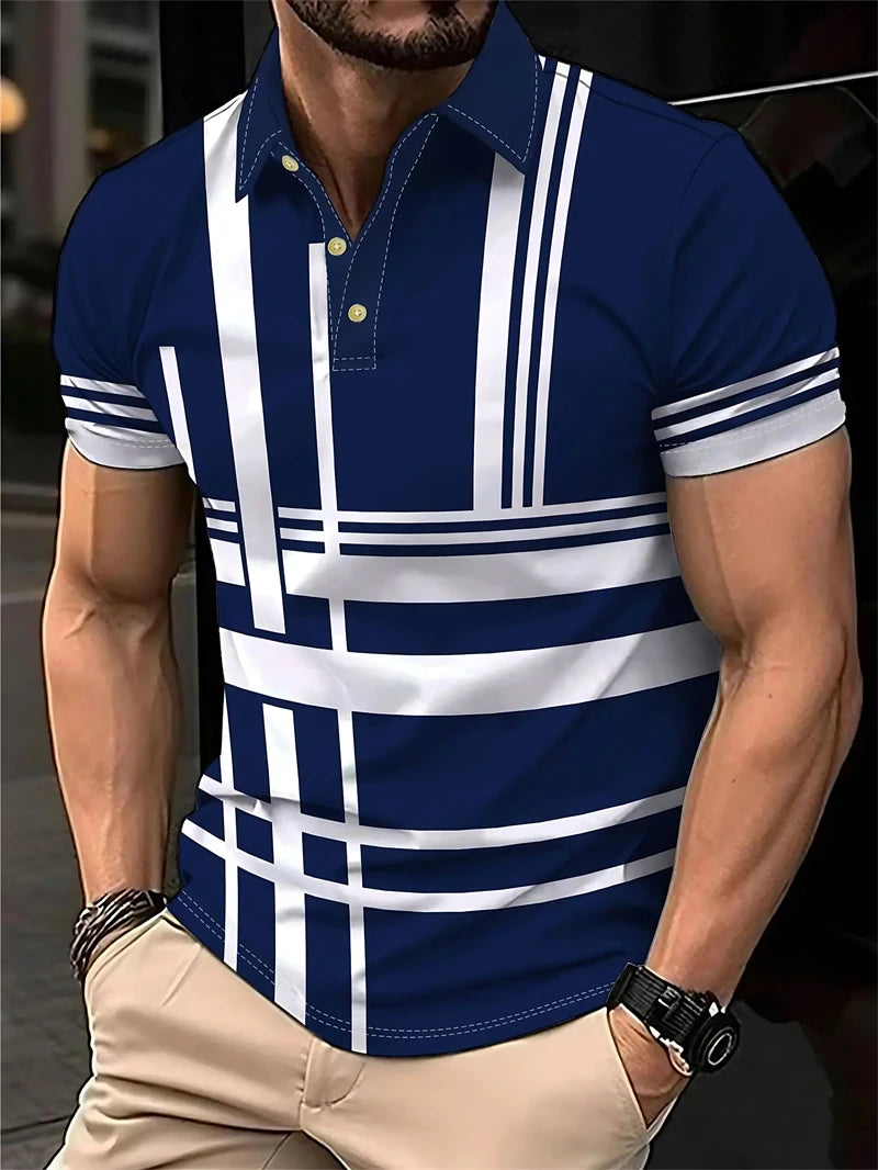 Simple Striped Polo Shirts For Men Summer Casual Short Sleeve 3D Printed Business Polo Shirt Loose Breathable Daily Wear Tees