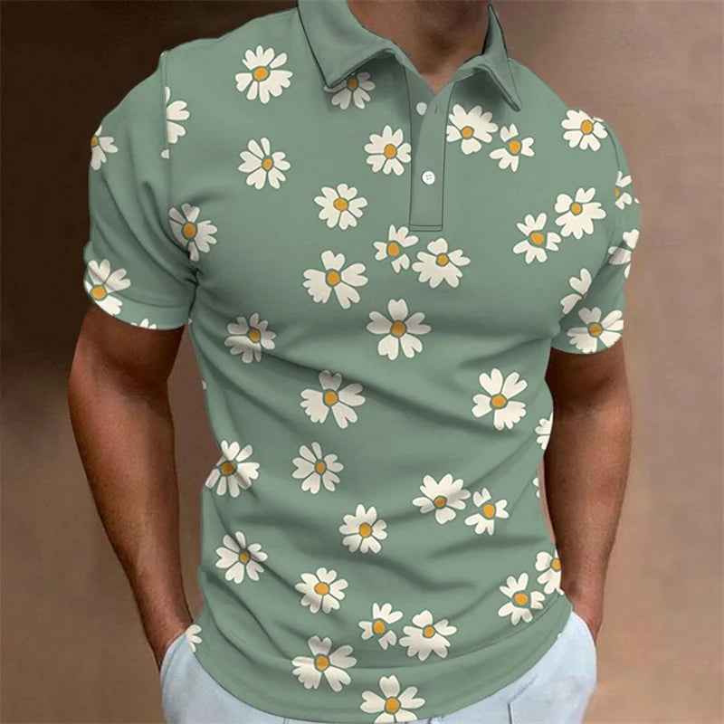 Men's Polo Shirt Summer Casual Short Sleeve Flower Print Buttons Polo Shirts Tops Fashion Pullover Tshirts Male Golf Wear