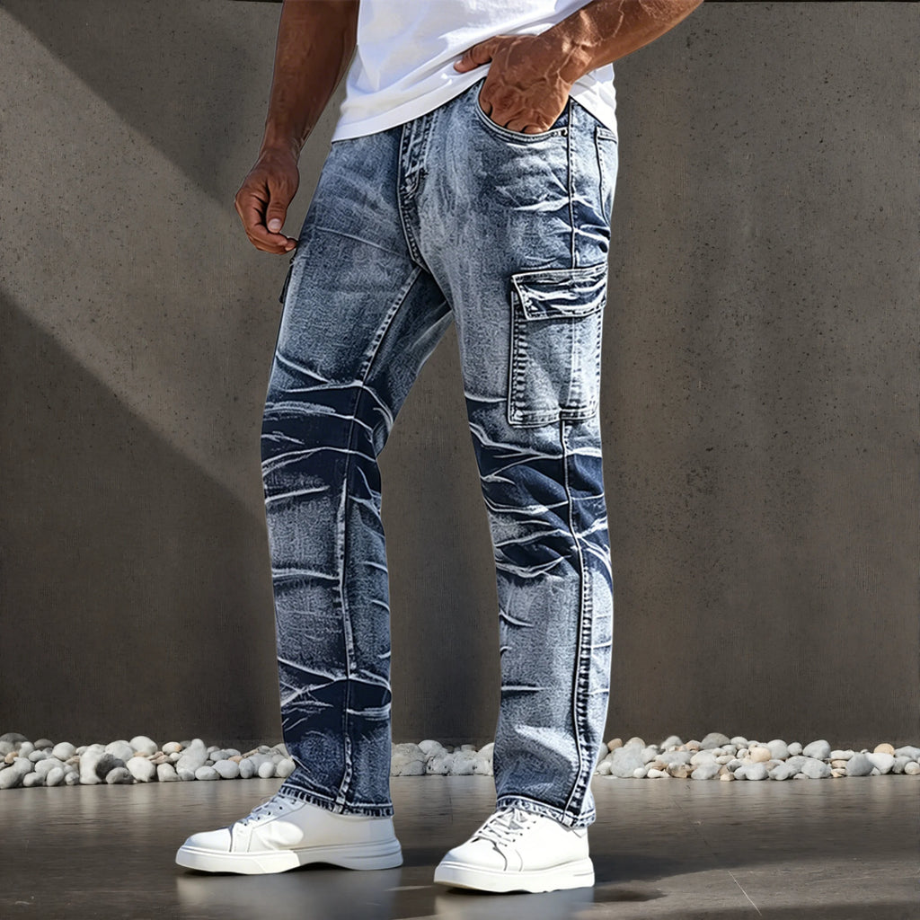 Men's Jeans, American Casual Style, Multi-Pocket Design, Simple and Versatile Straight-Leg Trousers, Suitable for All Seasons
