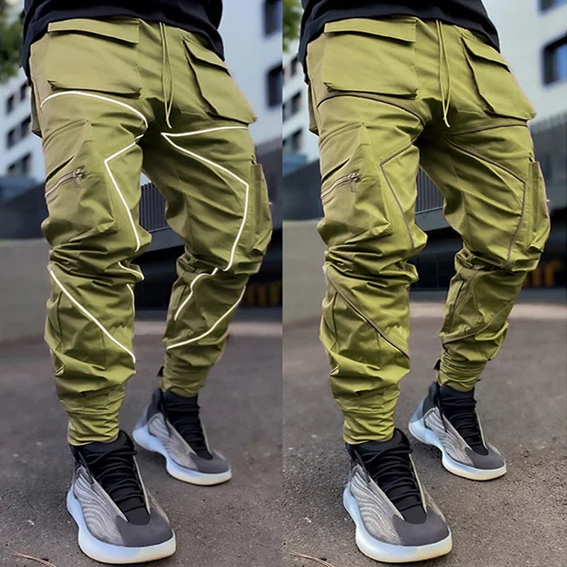 Men's Gym Joggers Stretch Casual Sweatpants Fitness Track Pants Multi-Pocket Cargo Hip Hop Streetwear Reflective Sports Trousers