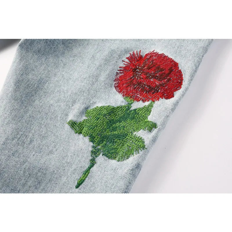 2026 New Men Jeans Fashion Trends Distressed Rose Embroidered Logo Stretch Skinny Button Jeans Pants