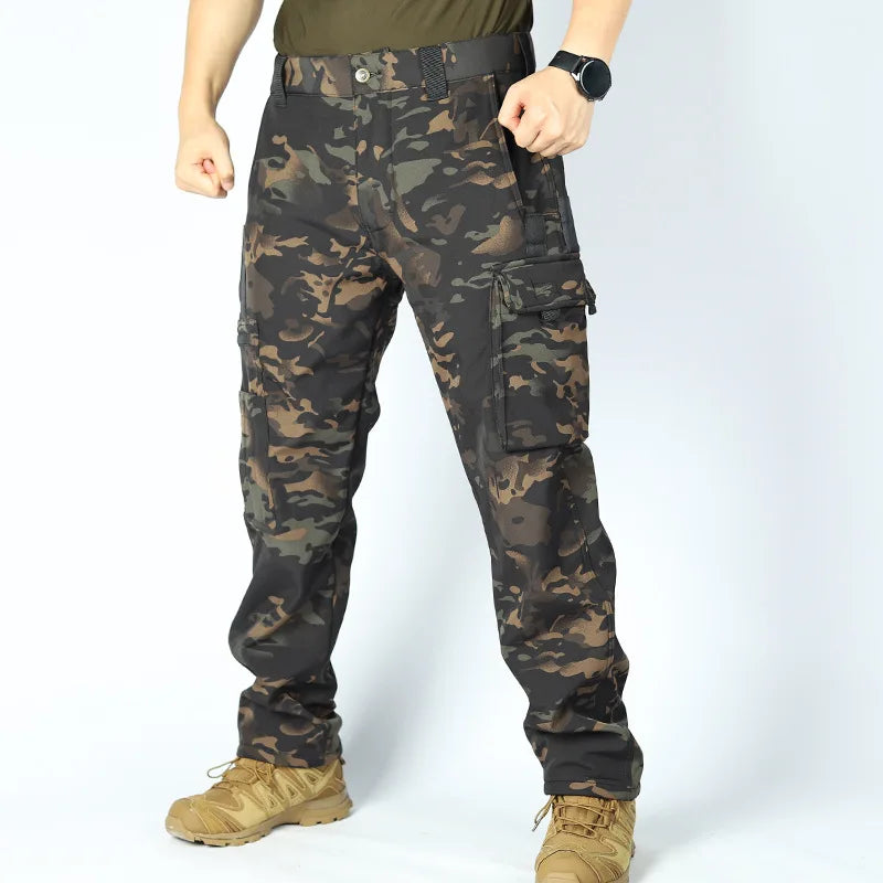 Men's Fleece Autumn Winter Warm Tactical Pants Softshell Outdoor Pants Cargo Work Hiking Sports Pants Military Multi Pockets