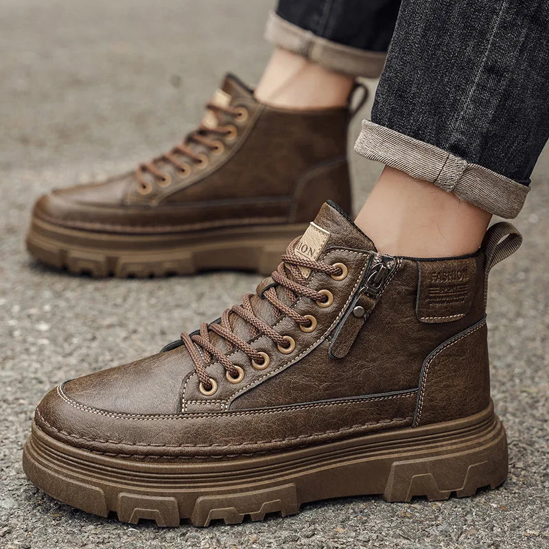 Men Boots Autumn Leather Waterproof Mid-top Sports Shoes New Fashion Ankle Boots Casual Outdoor Hiking Boots Shoes Male Sneakers