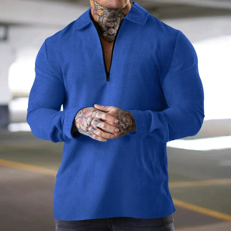 Men Waffle Knit Long Sleeve Polo Shirt Quarter Zip Lapel Casual T-Shirt For Autumn
