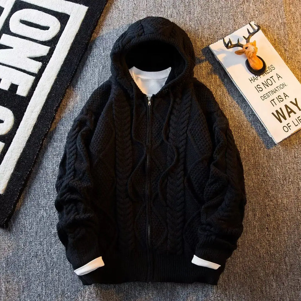 Men's New England Style Hooded Streetwear Zipper Cardigan Autumn Winter Knitted Thick Sweater