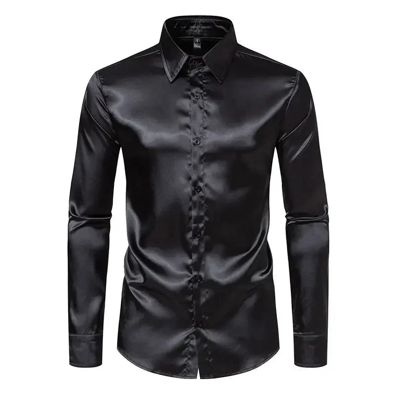 Bright face shirt, men's long sleeved autumn and winter men's clothing, satin nightclub style, solid color trend, men's trend