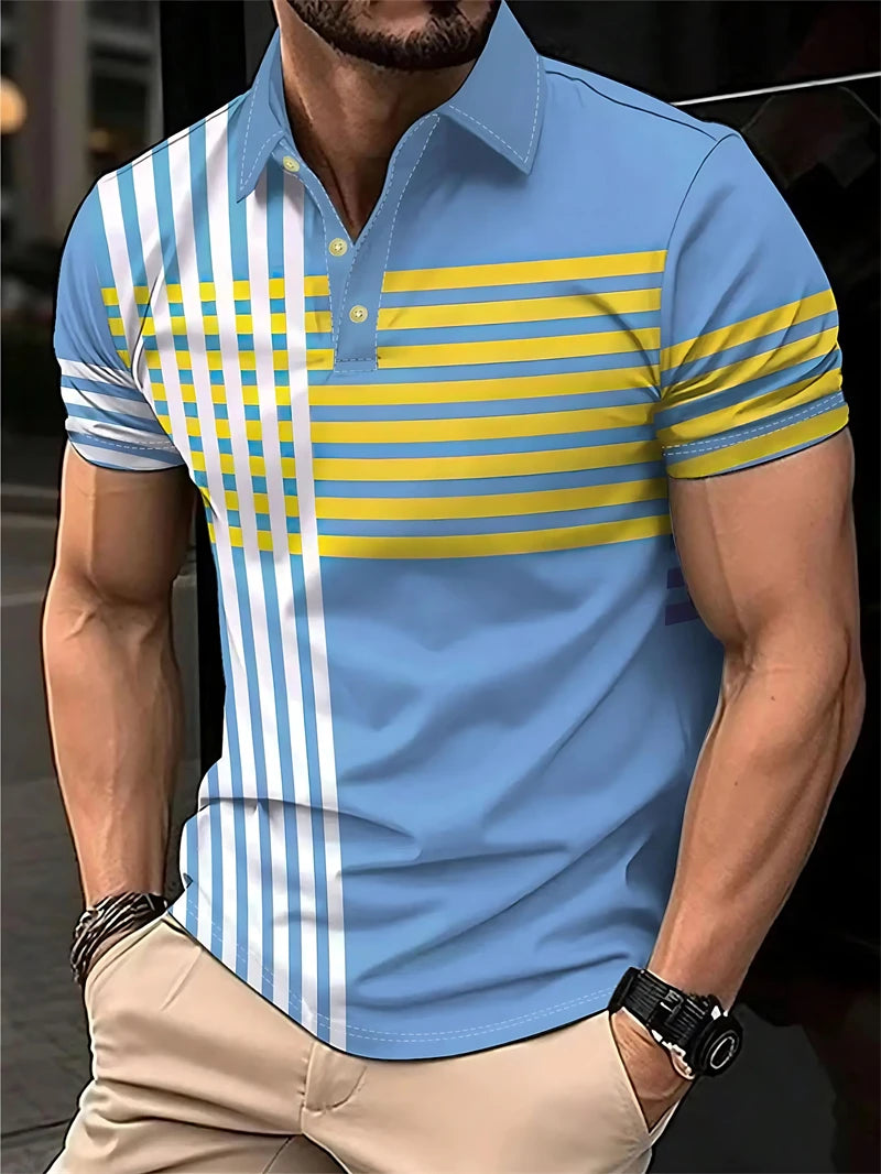 Simple Striped Polo Shirts For Men Summer Casual Short Sleeve 3D Printed Business Polo Shirt Loose Breathable Daily Wear Tees