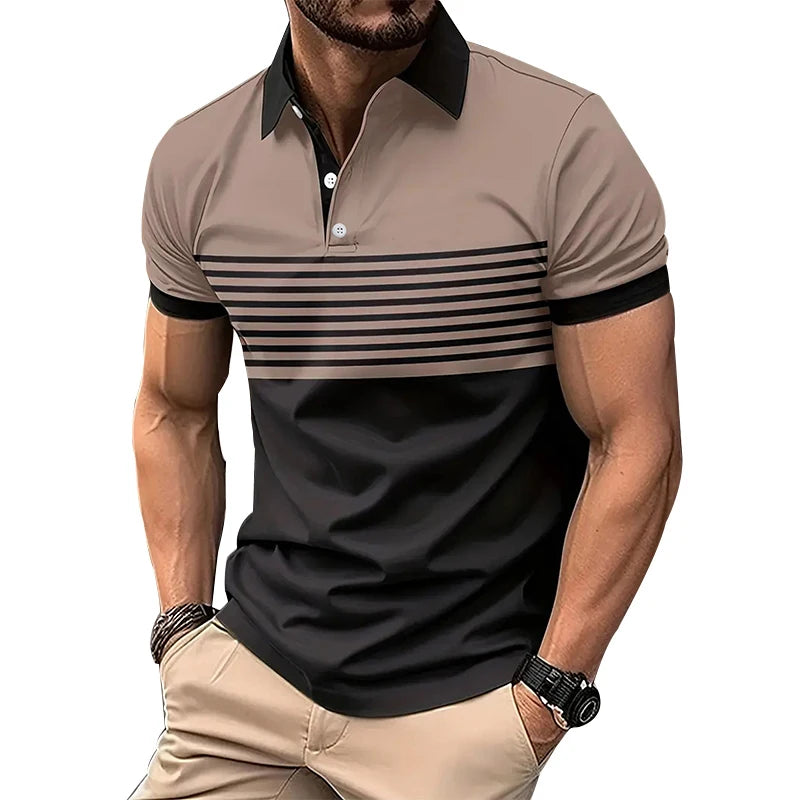 Men's Fashion 3D Digital Print Striped Polo Shirts with Buttoned Placket and Short Sleeves for Summer