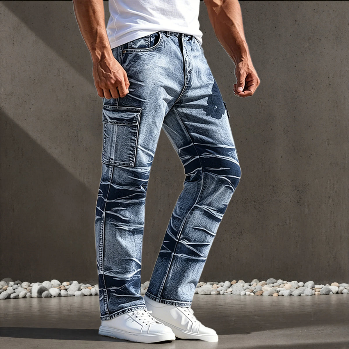 Men's Jeans, American Casual Style, Multi-Pocket Design, Simple and Versatile Straight-Leg Trousers, Suitable for All Seasons